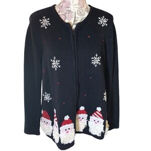 Vintage Christmas Black Santa Knit Sweater Cardigan L Grandmacore Cottagecore